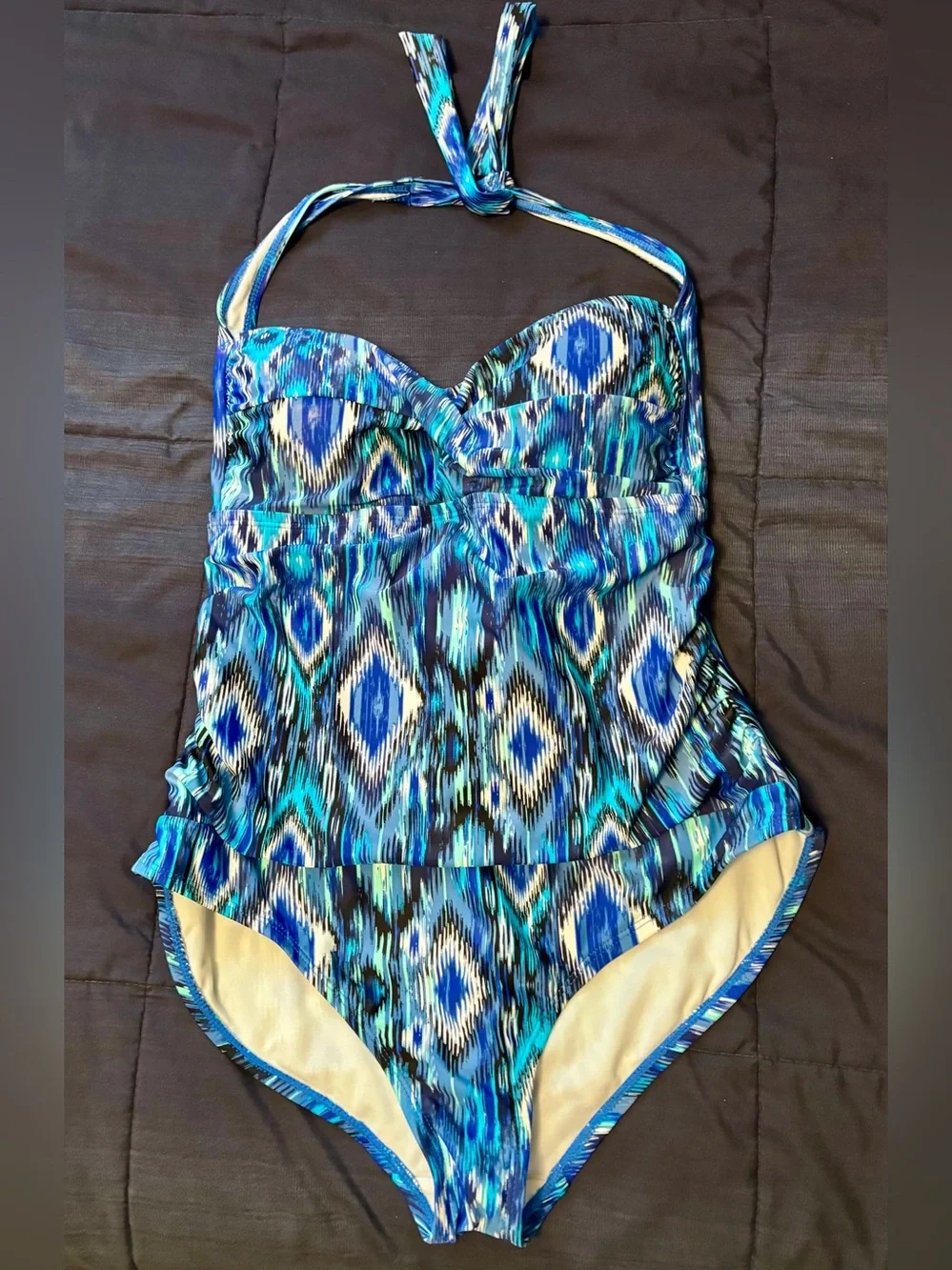 Catalina blue ikat tribal bandeau one piece swim bathing suit size Large 12/14